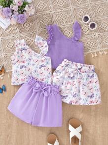 Conjunto de blusa con cuello asimétrico con volantes y shorts para niña