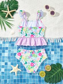 Young Girls Tropical Flower Fashion Vacation Cute Frill Trim Bikini Sets - Multicolor - View 2