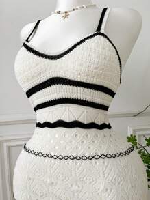 GalTyme 大码女式条纹镂空设计修身针织吊带裙 - 黑與白 - 查看 4