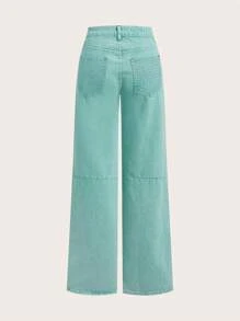 SHEIN Women's Solid Color Pocketed Casual Versatile Wide Leg Jeans - Green - View 2