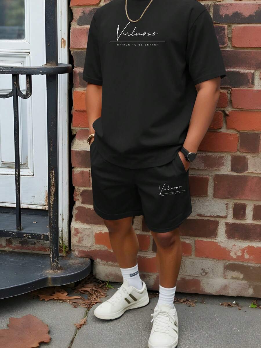 Manfinity Homme Black Plus Size Men's Simple Letter Print T-Shirt & Shorts Set Men 2 Pieces Outfits Short Set - Black - View 1