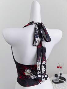 Elamini 女式夏季度假花卉印花O形环褶饰胸前露背吊带短款上衣