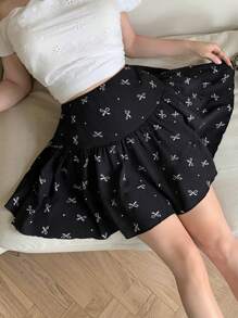 Modelyn Women's Bow Print High Waist Ruffle Skorts - Black - View 5