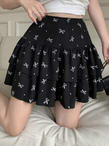 Modelyn Women's Bow Print High Waist Ruffle Skorts - Black - View 6