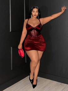 Maweii 大码女装春夏新年红色蕾丝性感镂空系带前卫法式休闲年轻时尚弹力针织百搭舒适打底连衣裙，性感社交假日装扮，红色连体衣，正式红色连衣裙，年轻优雅性感拼接性感女式上衣，性感假日装扮，社交红色上衣，红色连体裤，红色连体衣，修身透视露肩纯色打底衫 - 紅色 - 查看 4