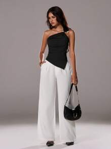 TRNVIE 女士夏季休闲高腰褶皱亚麻质感宽松裤，通勤、度假皆宜 - 白色 - 查看 3