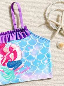 Bikini a stampa di sirena per ragazze giovani, con spalline a spaghetti e design con volant, combinando elementi carini e alla moda