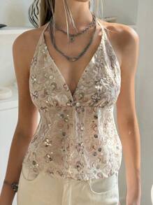 SHEIN Bubbli Women's Fashion Sequin Criss-Cross Deep V-Neck Beaded Flower Back Tie Tank Top