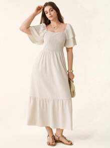 Comfylo Vestido de manga corta con cuello cuadrado, volantes y fruncidos en la Bottom, talla grande, unicolor, cómodo y holgado, estilo bohemio, ideal para el Día de la Madre, graduación, verano, vestido fluido blanco, atuendos de vacaciones y playa para mujer, atuendos de vacaciones, vestidos de sol para mujer - Albaricoque - Ver 4