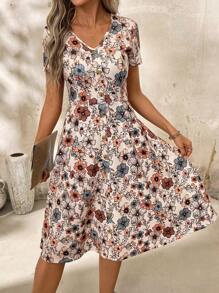 SHEIN Clasi Váy nữ cổ chữ V cài nút chấm bi đỏ thắt eo, quần áo mùa xuân, váy ngày lễ tình nhân, phong cách Boho, Vcay - Màu be - Xem 4