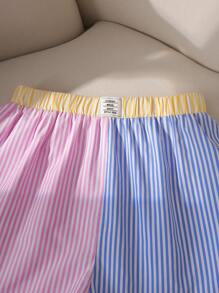 2pcs/Set Teen Girls' Polo Collar Patchwork Bowknot Blouse And Patchwork Shorts Set - Multicolor - View 6