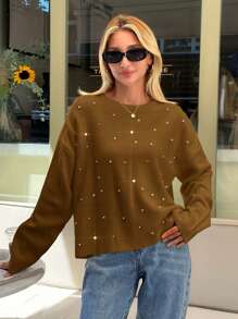EURMUSE Woman Loose Fit Comfy Warm Rhinestones Detailed Sweater - Camel - View 3