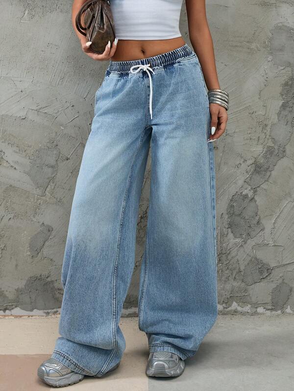 EURMUSE WOMEN LOW WAIST LOOSE WIDELEG Y2K WASH WITH ELASTIC BAND Woman S Summer Clothes Women Summer Sets Women S Clothes Wide Leg Jeans Women