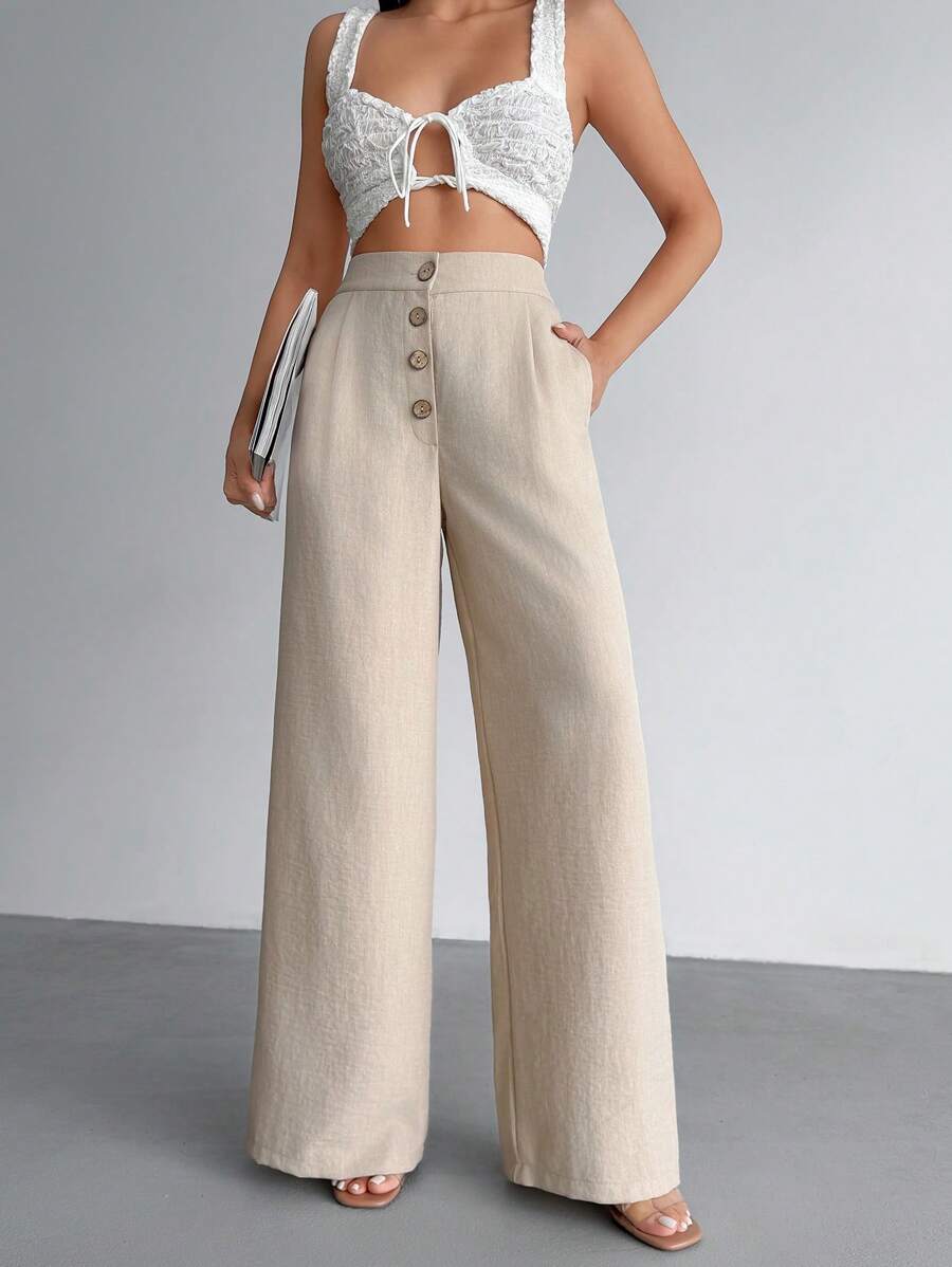 EURMUSE Women Solid Color Button Front And Pocket Detailed Wide Leg Pants Women Summer Clothing Women S Bottoms Women Clothing Summer Outfits - Flint Stone - View 1