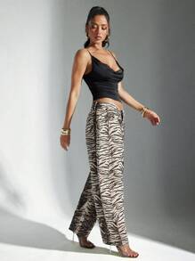 Denimoi 女式休闲做旧动物印花喇叭裤牛仔裤 - 卡其色 - 查看 4