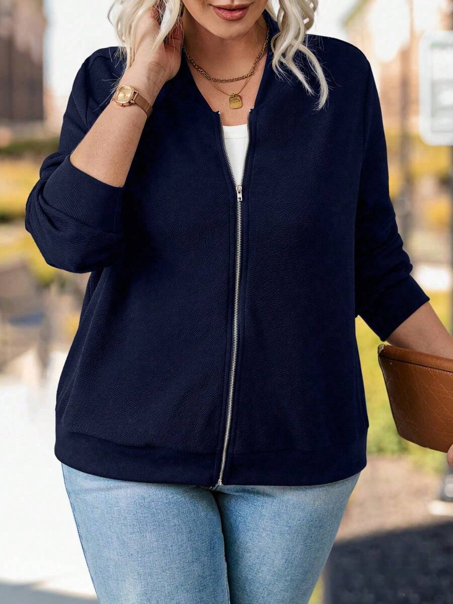 大码休闲纯色百搭通勤夹克 - 藍色 - 查看 1