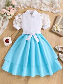 SHEIN 2 Pieces Girls Outfit, Collared Contrast Mesh Embroidered Short Sleeve Shirt And Elastic Waist Tiered Skirt, Elegant For Girls, Spring/Summer, Girls Skirt And Blouse Sets Age 10