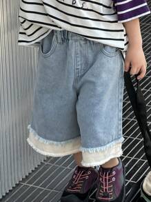 DAZY 男童撞色磨边松紧腰口袋牛仔短裤 - 藍色 - 查看 3