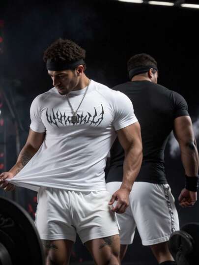 Manfinity Sport PWRUP メンズゴシック体文字プリントラグランスリーブ半袖アスレチックTシャツ ワークアウトウェア ランニングTシャツ&タンクトップ ジムウェア ワークアウトシャツ ワークアウトトップス ジムトップス 通気性 フィットシャツ クルーネック