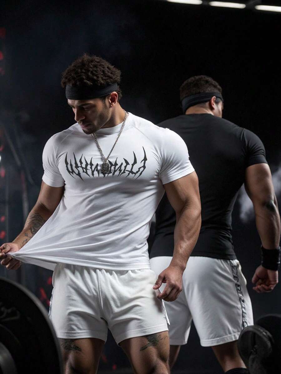 GymBeat 男士哥特字母印花插肩袖短袖运动 T 恤 运动服 跑步 T 恤和背心 健身服 运动衬衫 运动上衣 健身上衣 透气修身圆领衬衫 - 白色 - 查看 1