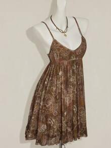 SHEIN ICON Y2k 西部外出复古波西米亚嬉皮娃娃裙飘逸佩斯利印花细肩带网眼度假休闲连衣裙 - 彩色 - 查看 4