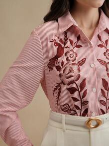 Anewsta Áo sơ mi dài tay họa tiết sọc thêu hoa thời trang đi làm thanh lịch cho nữ, lễ hội xuân hè tốt nghiệp - Màu Hồng Tươi - Xem 3