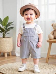 SHEIN Newborn Baby Boys/Girls Summer Casual Versatile Blue & White Striped Bib Pants Romper - Multicolor - View 6