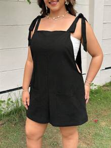 SHEIN EZwear Plus Size Black Woven Knot Cami Romper - Black - View 5