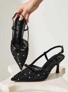 CUCCOO CHICEST 女士蝴蝶结刺绣蕾丝尖头细高跟鞋，优雅浪漫性感黑色网眼漆皮高跟鞋，露趾正装鞋，适合约会、派对、婚礼 - 黑色 - 查看 6