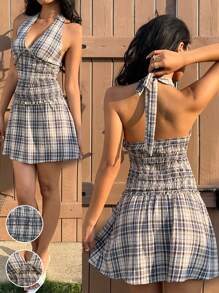 SHEIN EZwear Grunge Goth Summer Western  Gingham Backless Halter Neck  Dress - Multicolor - View 4