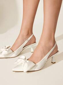 CUCCOO CHICEST Women's Pointed Toe Bow Decor Mid Heel Pumps, Elegant Romantic Sweet Fashion Satin Slip-On High Heels, Suitable For Formal Occasions, Afternoon Tea, Dates, Parties, Christmas, Thanksgiving, Birthdays, Valentine's Day - White - View 5