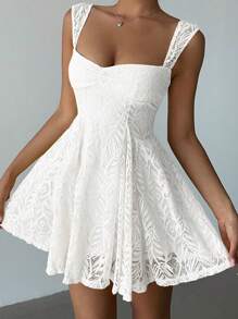 Aloruh 优雅纯色蕾丝荷叶边下摆迷你连衣裙，夏季 - 白色 - 查看 7