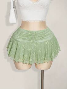 SHEIN ICON Falda midi acampanada de talla grande con cintura alta, en verde claro con parches de encaje, adecuada para el verano y las vacaciones - Verde - Ver 1