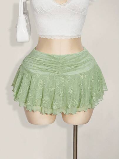 SHEIN ICON Plus Size High Waist Light Green Lace Patchwork A-Line Midi Skirt, Suitable For Summer, Vacation