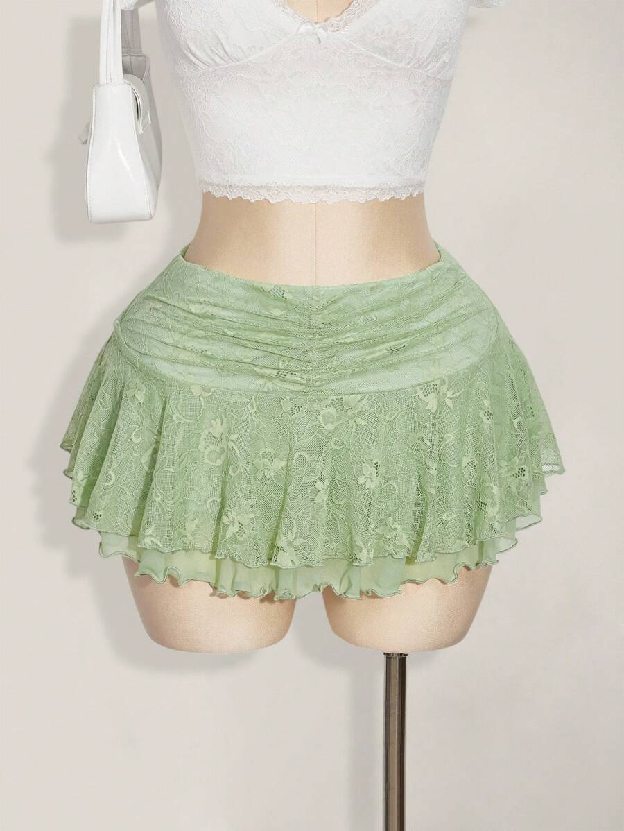 SHEIN ICON Falda midi acampanada de talla grande con cintura alta, en verde claro con parches de encaje, adecuada para el verano y las vacaciones - Verde - Ver 1