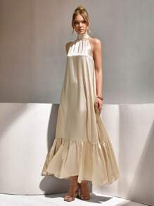 CLARA VERO Sleeveless Solid Color Ruffle Hem Tie Waist Elegant Dress - Beige - View 1