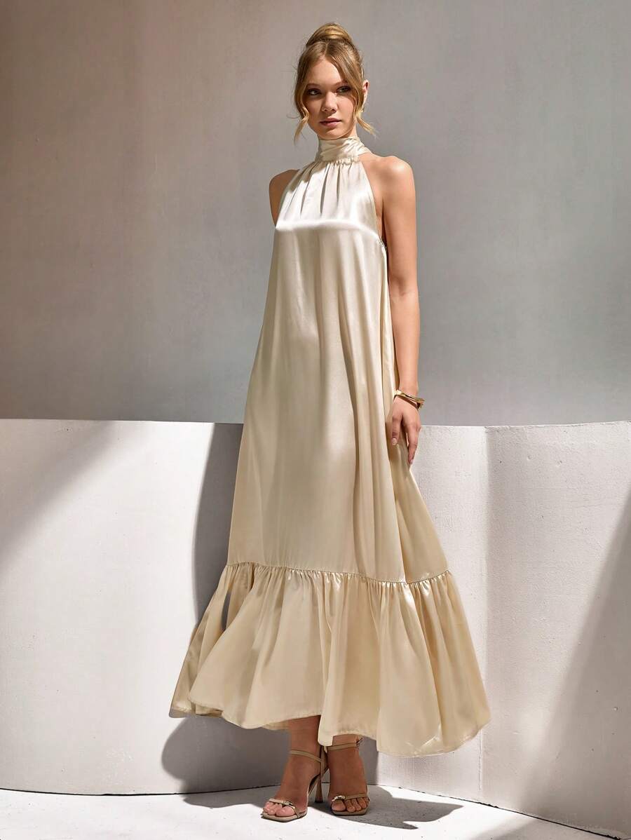 CLARA VERO Sleeveless Solid Color Ruffle Hem Tie Waist Elegant Dress - Beige - View 1