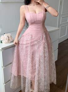 DAZY Vestido sin mangas con parches de lentejuelas para mujer, vestido de gala de lujo