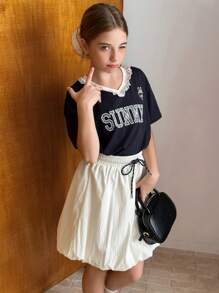 DAZY 青少年女孩夏季字母印花 V 领短袖 T 恤和迷你裙休闲两件套 - 藏蓝色 - 查看 1