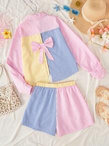 2pcs/Set Teen Girls' Polo Collar Patchwork Bowknot Blouse And Patchwork Shorts Set - Multicolor - View 7