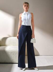 CLARA VERO Pantalones de pierna ancha con rayas azules marinas y detalles de botones para mujer
