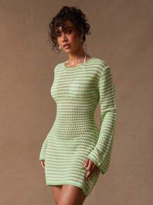 NYA SZN 针织钩针铃铛长袖夏季连衣裙圣帕特里克节新娘宾客婚礼舞会特殊场合复活节连衣裙淡绿色条纹音乐节女装 - 彩色 - 查看 5