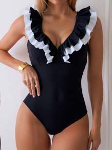 Shapewave Bộ đồ bơi liền thân gợi cảm cổ chữ V phối màu cho nữ, hoàn hảo cho kỳ nghỉ dưỡng bãi biển - Đen và trắng - Xem 6