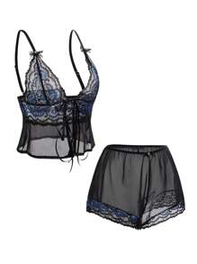 SHEIN Conjunto de pijama de camisola y shorts de encaje azul marino sexy - Negro - Ver 9