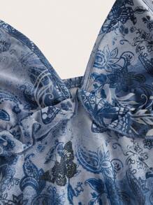 SHEIN ICON 女士碎花荷叶边时尚吊带背心，适合7月4日美国独立日穿着，可爱夏日上衣 - 霧霾藍 - 查看 3