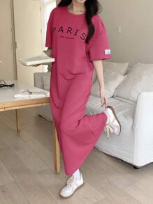 SHEIN 少女紫色针织圆领宽松休闲字母印花袖蝴蝶结装饰街头女孩长款短袖连衣裙，适合日常穿着、休闲校园、返校、情人节、夏季装 - 玫紅色 - 查看 4