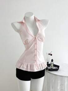 Elamini 棕色女式无袖荷叶边下摆休闲衬衫 - 西瓜粉 - 查看 3