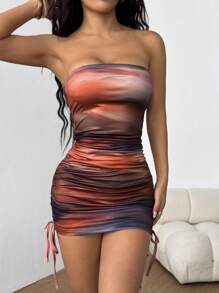 SHEIN PETITE 复古渐变色抽绳侧抹胸紧身迷你连衣裙，非常适合度假 - 彩色 - 查看 4