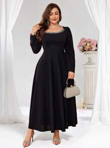 Coutiva Vestido de noche de fiesta talla grande (diseño de trabajo pesado) Elegante vestido de graduación de manga larga semi formal para invitados de boda, para cumpleaños, graduación, bienvenida a casa