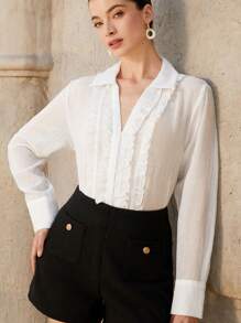 Chiquease Vintage Jacquard Sheer Breathable Fabric Elegant V-Neck Layered Ruffle Detail Ladies' Blouse, Versatile For Commuting - White - View 5
